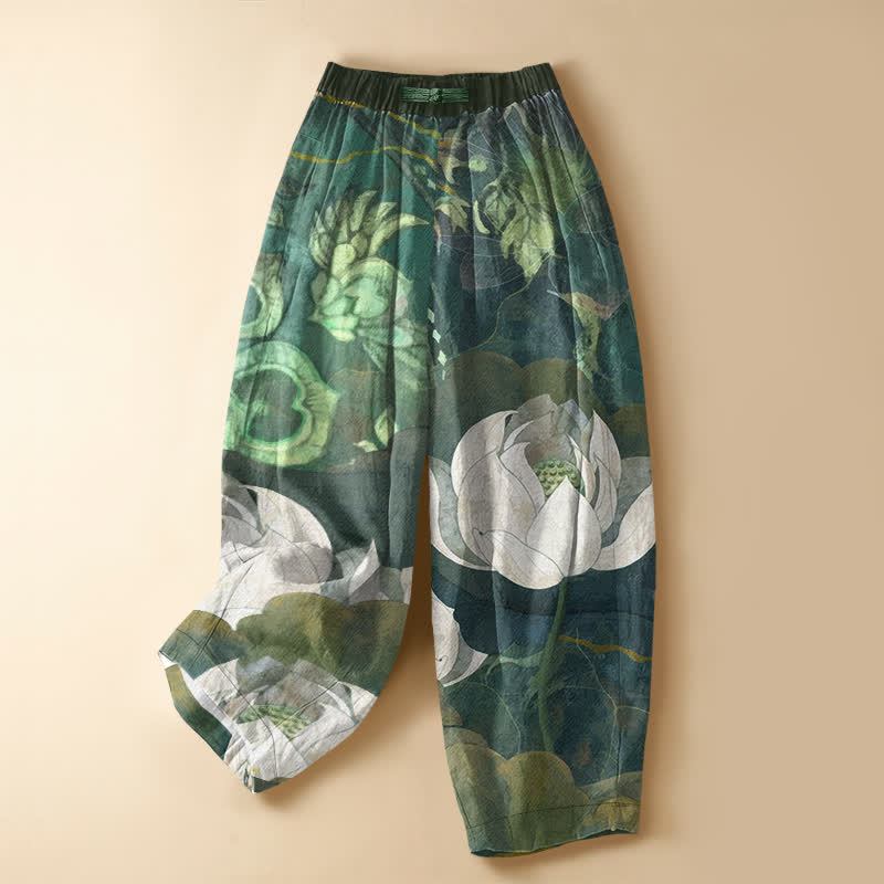 Buddha Stones Pantalon harem pour femme en pur coton, motif aquarelle de feuilles de lotus blanches, boutons grenouille, taille élastique et poches - Vert d'eau - US16，UK/AU20，EU48 (3XL) - image 0