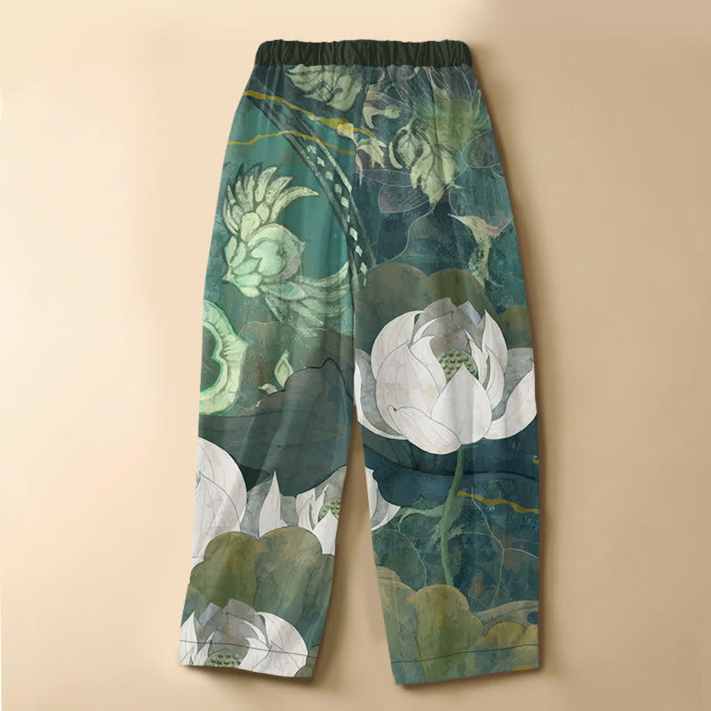 Buddha Stones Pantalon harem pour femme en pur coton, motif aquarelle de feuilles de lotus blanches, boutons grenouille, taille élastique et poches - image 1