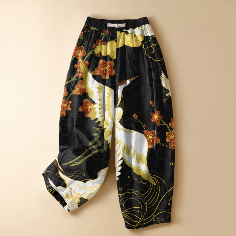 Buddha Stones Pantalon harem pour femme en pur coton, à taille élastique et poches, orné de fleurs de grue orientales et de nuages ​​porte-bonheur. - Noir - US16，UK/AU20，EU48 (3XL) - image 0