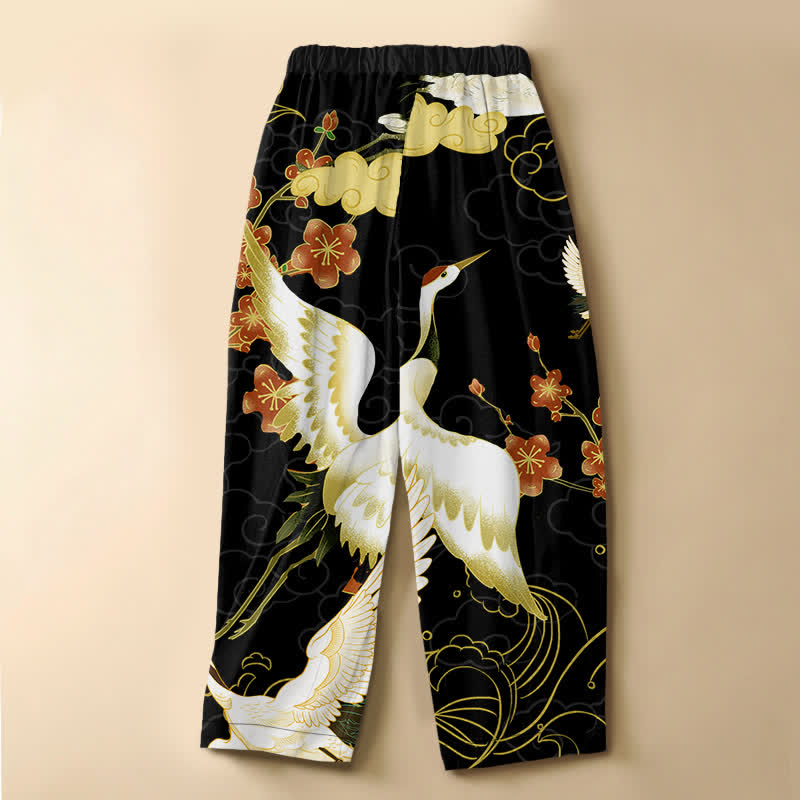 Buddha Stones Pantalon harem pour femme en pur coton, à taille élastique et poches, orné de fleurs de grue orientales et de nuages ​​porte-bonheur. - image 1
