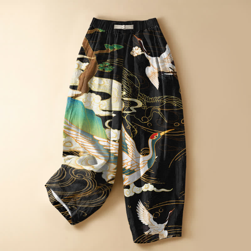 Buddha Stones Pantalon harem pour femme en pur coton, motif nuage et grue en vol oriental, boutons grenouille, taille élastique et poches - Noir - US16，UK/AU20，EU48 (3XL) - image 0