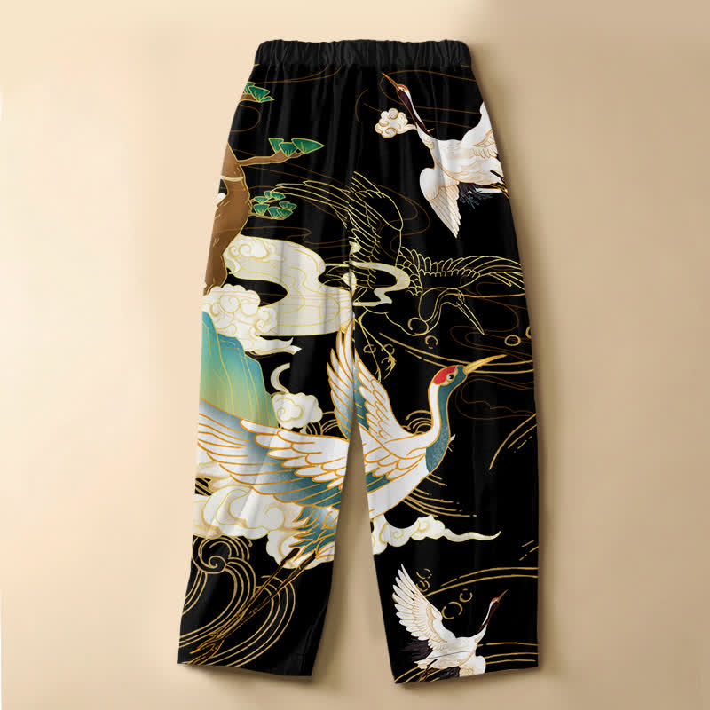 Buddha Stones Pantalon harem pour femme en pur coton, motif nuage et grue en vol oriental, boutons grenouille, taille élastique et poches - image 1
