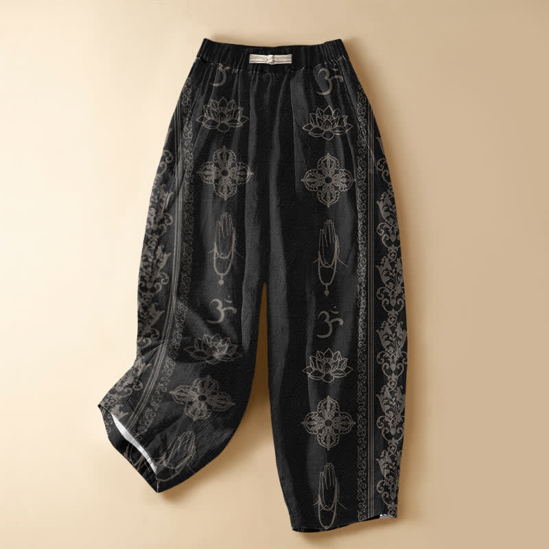 Buddha Stones Pantalon harem pour femme en pur coton, à taille élastique et poches, orné de fleurs de lotus, double dorje vajra, motif OM et boutons grenouille. - Noir - US16，UK/AU20，EU48 (3XL) - image 0