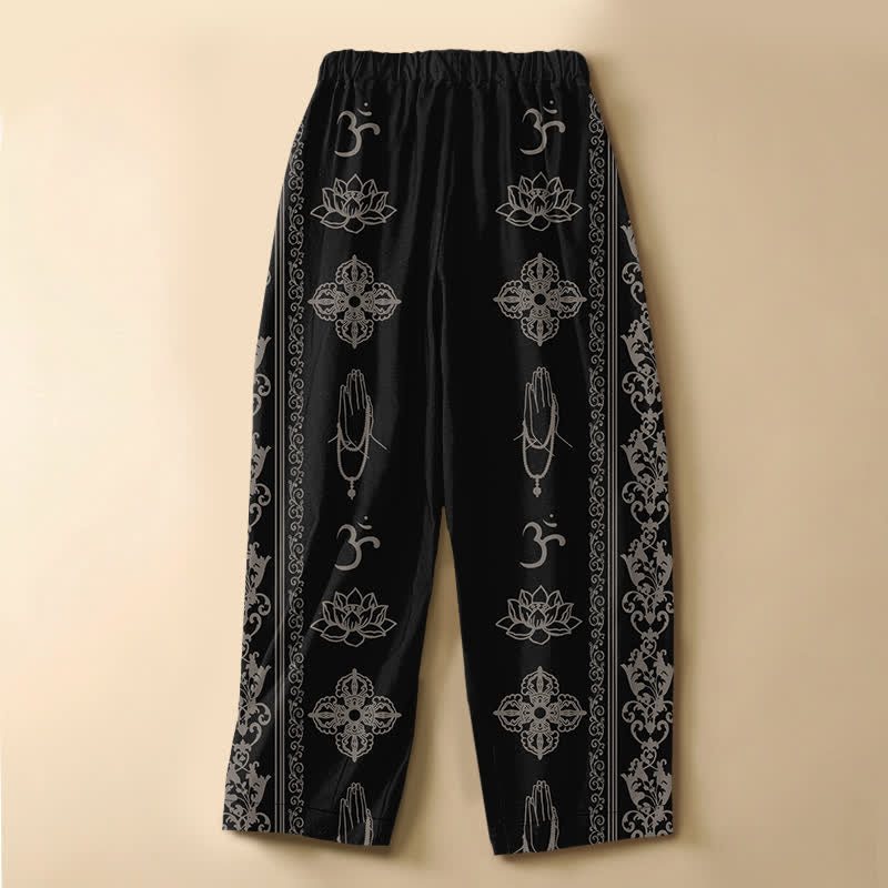 Buddha Stones Pantalon harem pour femme en pur coton, à taille élastique et poches, orné de fleurs de lotus, double dorje vajra, motif OM et boutons grenouille. - image 1