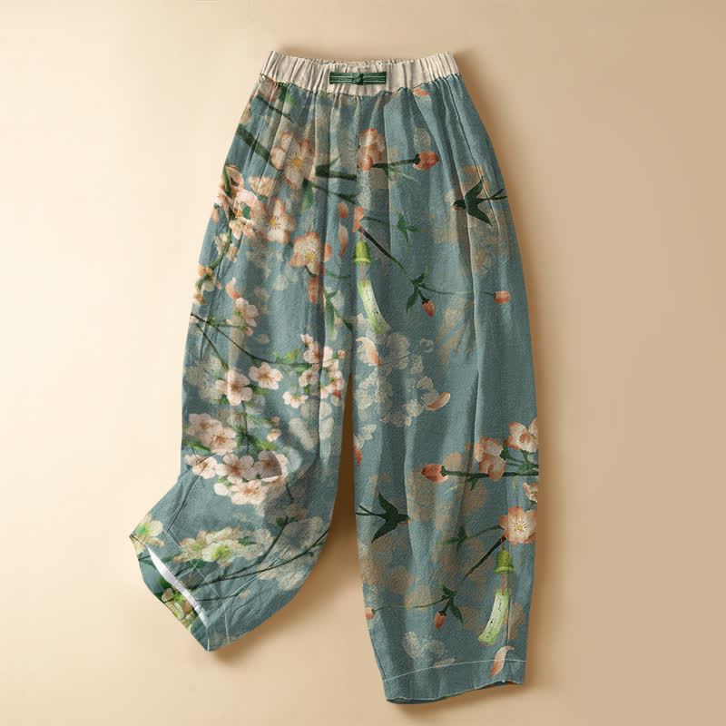 Buddha Stones Pantalon harem pour femme en pur coton, motif hirondelles Sakura, boutons grenouille, taille élastique et poches - CadetBlue - US16，UK/AU20，EU48 (3XL) - image 0