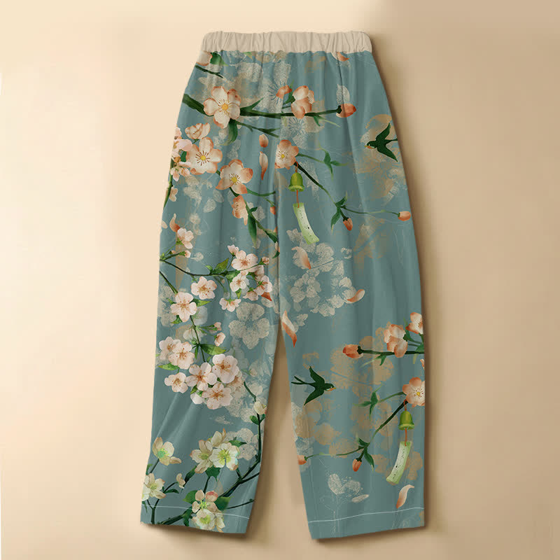 Buddha Stones Pantalon harem pour femme en pur coton, motif hirondelles Sakura, boutons grenouille, taille élastique et poches - image 1