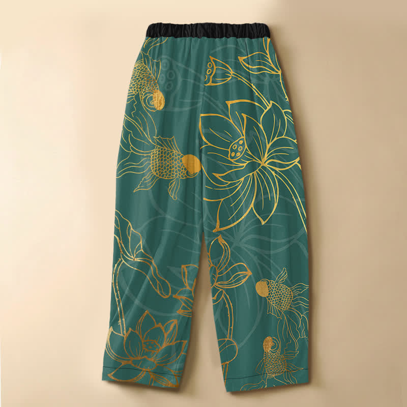 Buddha Stones Pantalon harem pour femme en pur coton, motif feuilles de lotus dorées et carpes koï, avec boutons grenouille, taille élastique et poches. - image 1
