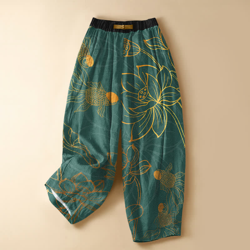 Buddha Stones Pantalon harem pour femme en pur coton, motif feuilles de lotus dorées et carpes koï, avec boutons grenouille, taille élastique et poches. - Sarcelle - US16，UK/AU20，EU48 (3XL) - image 0