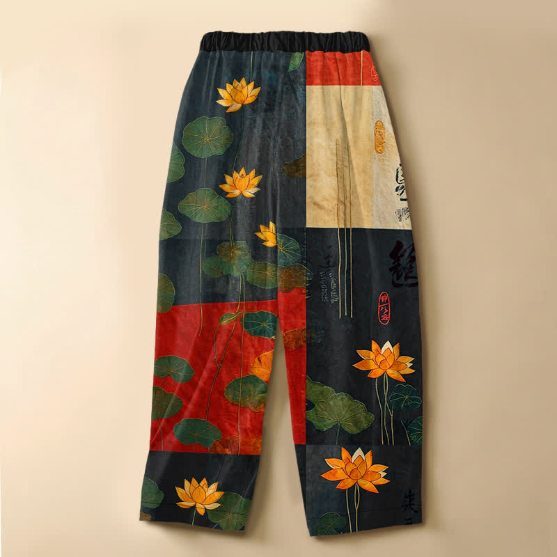Buddha Stones Pantalon harem pour femme en pur coton, motif patchwork lotus vintage, bouton brandebourg, taille élastique et poches - image 1