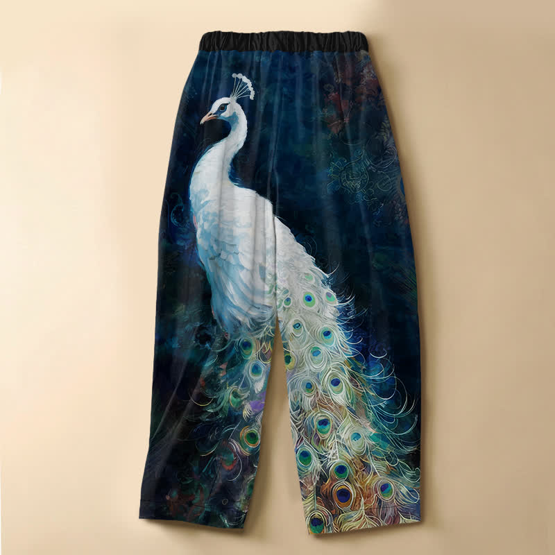 Buddha Stones Pantalon harem pour femme en pur coton blanc à motif paon, boutonnage grenouille, taille élastique et poches - image 1