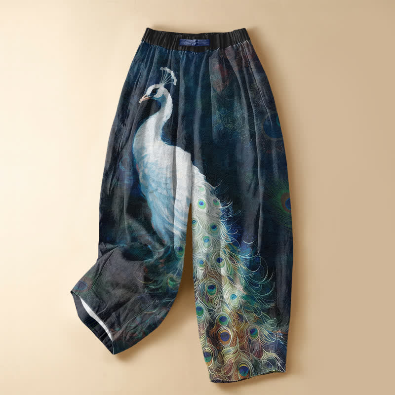 Buddha Stones Pantalon harem pour femme en pur coton blanc à motif paon, boutonnage grenouille, taille élastique et poches - Marine - US16，UK/AU20，EU48 (3XL) - image 0