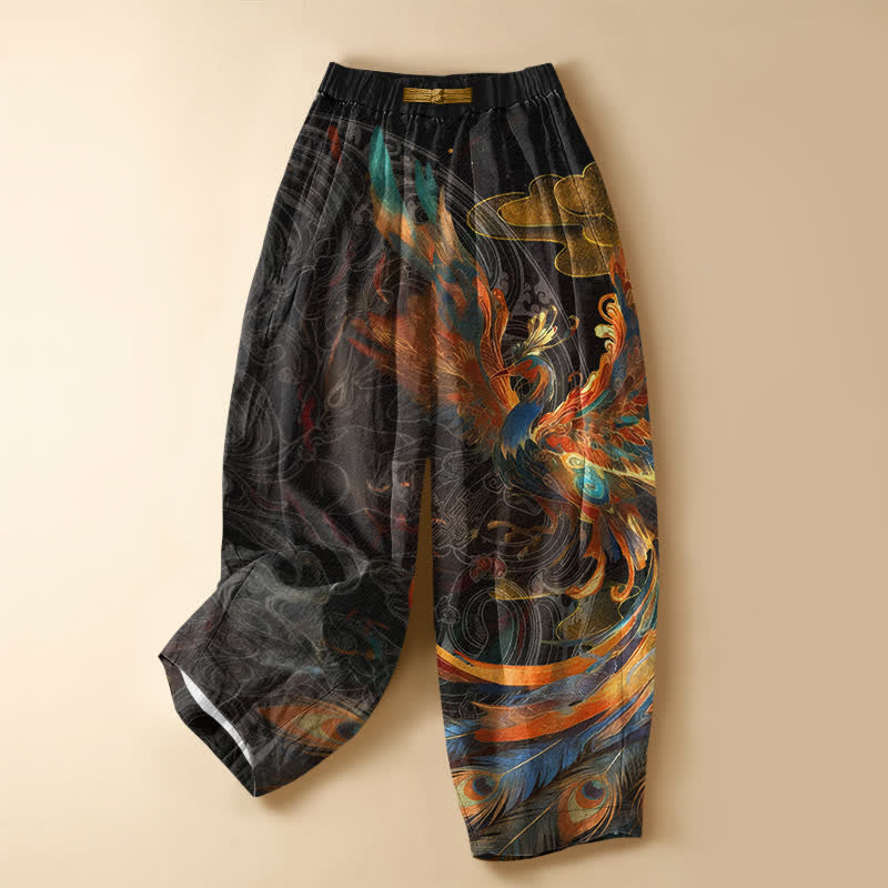 Buddha Stones Pantalon harem pour femme en pur coton, motif plumes de phénix royal, boutons grenouille, taille élastique et poches - Noir - US16，UK/AU20，EU48 (3XL) - image 0