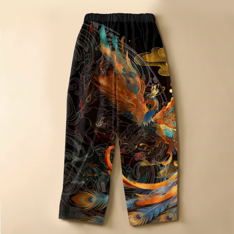 Buddha Stones Pantalon harem pour femme en pur coton, motif plumes de phénix royal, boutons grenouille, taille élastique et poches - image 1