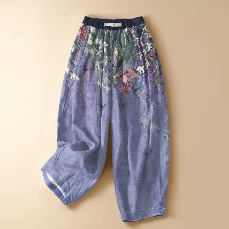 Buddha Stones Pantalon harem pour femme en pur coton, motif floral aquarelle colibri, boutons grenouille, taille élastique et poches - Bleu ardoise moyen - US16，UK/AU20，EU48 (3XL) - image 0