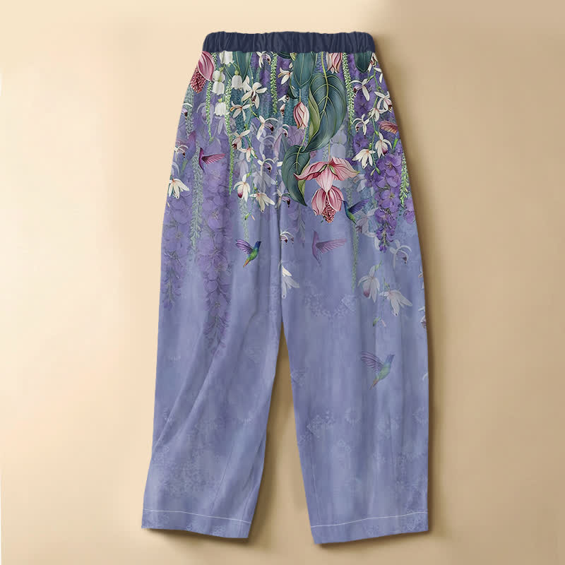 Buddha Stones Pantalon harem pour femme en pur coton, motif floral aquarelle colibri, boutons grenouille, taille élastique et poches - image 1