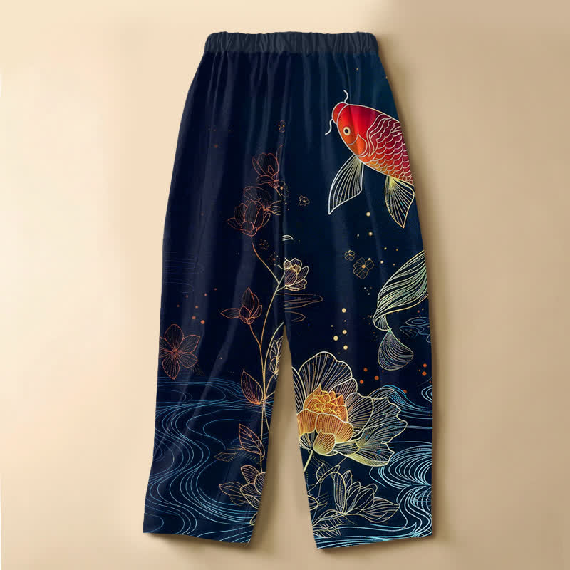 Buddha Stones Pantalon harem pour femme en pur coton vintage rouge à motif de carpes koï et de lotus, avec boutons grenouille, taille élastique et poches. - image 1