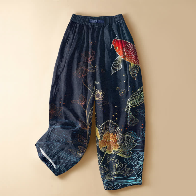 Buddha Stones Pantalon harem pour femme en pur coton vintage rouge à motif de carpes koï et de lotus, avec boutons grenouille, taille élastique et poches. - Marine - US16，UK/AU20，EU48 (3XL) - image 0