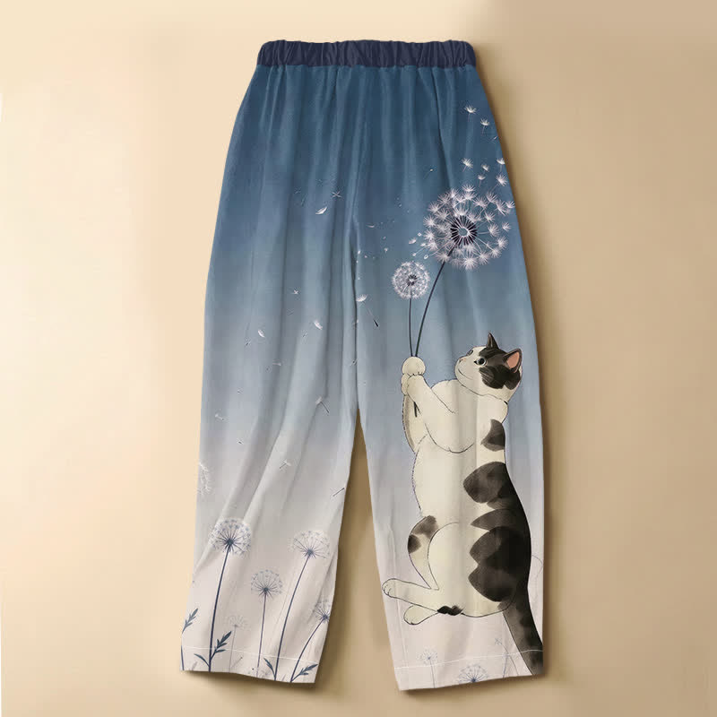 Buddha Stones Pantalon harem pour femme en pur coton avec motif chat joueur et pissenlit, bouton grenouille, taille élastique et poches - image 1
