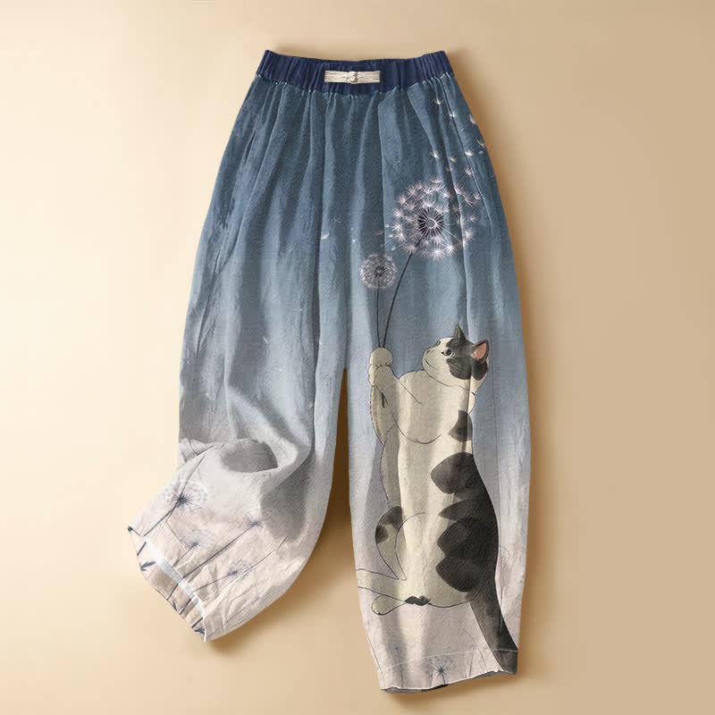 Buddha Stones Pantalon harem pour femme en pur coton avec motif chat joueur et pissenlit, bouton grenouille, taille élastique et poches - SteelBlue - US16，UK/AU20，EU48 (3XL) - image 0