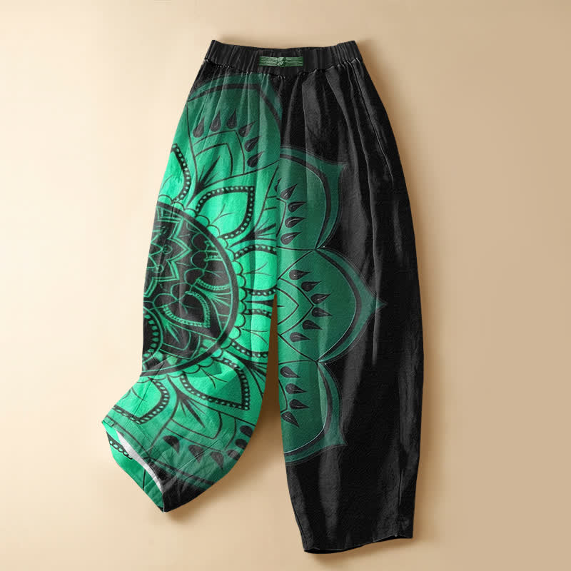 Buddha Stones Pantalon harem pour femme en pur coton, motif floral mandala bohème, taille élastique et poches, avec boutons brandebourg - Noir - US16，UK/AU20，EU48 (3XL) - image 0