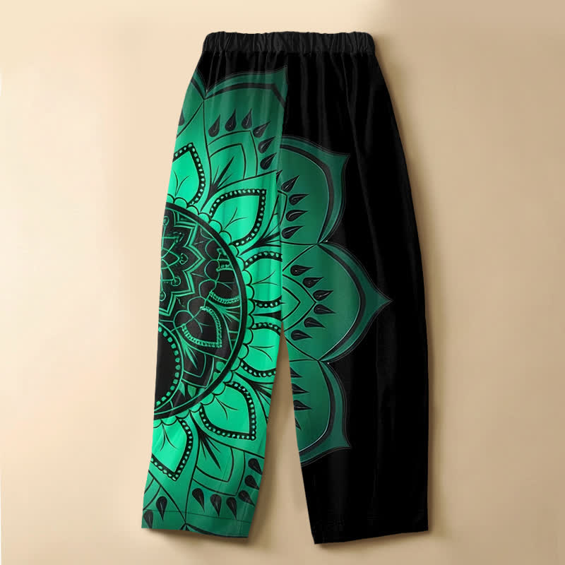 Buddha Stones Pantalon harem pour femme en pur coton, motif floral mandala bohème, taille élastique et poches, avec boutons brandebourg - image 1