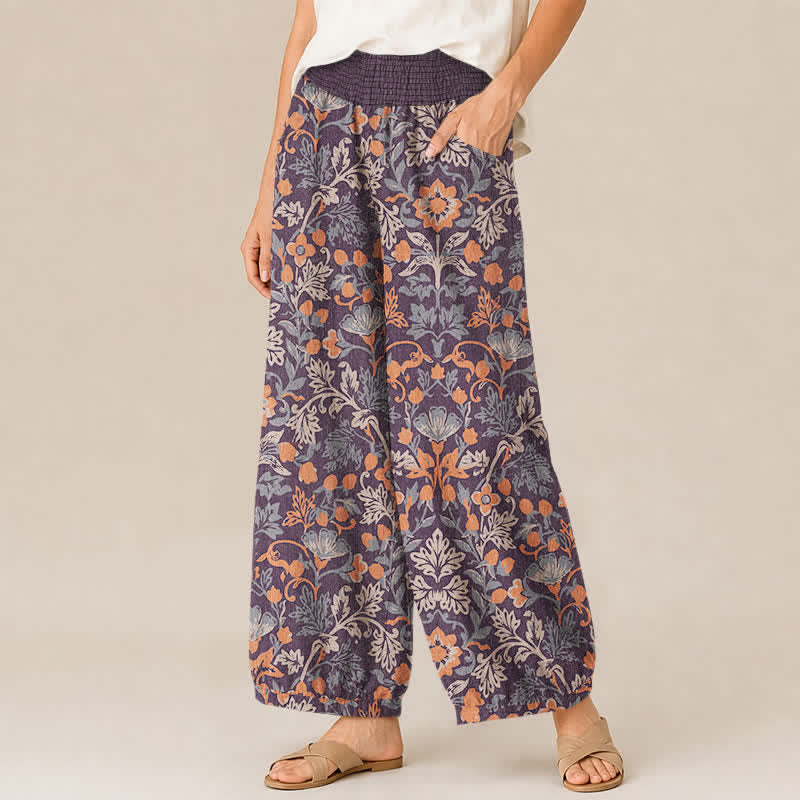 Buddha Stones Pantalon harem pour femme en coton à motif floral et vigne, plissé, taille élastique et poches - image 1