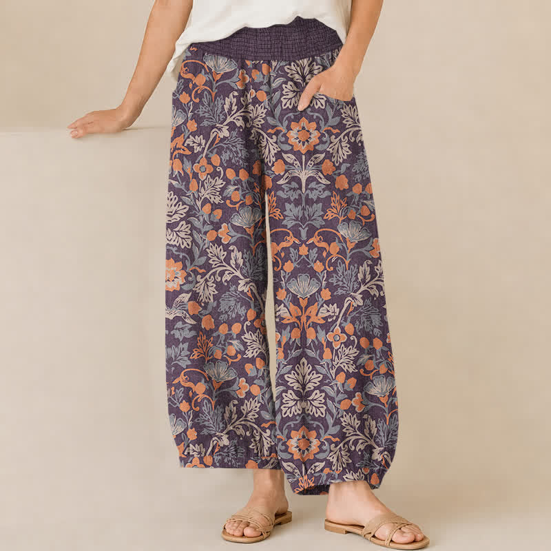 Buddha Stones Pantalon harem pour femme en coton à motif floral et vigne, plissé, taille élastique et poches - SaddleBrown - US16，UK/AU20，EU48 (3XL) - image 0