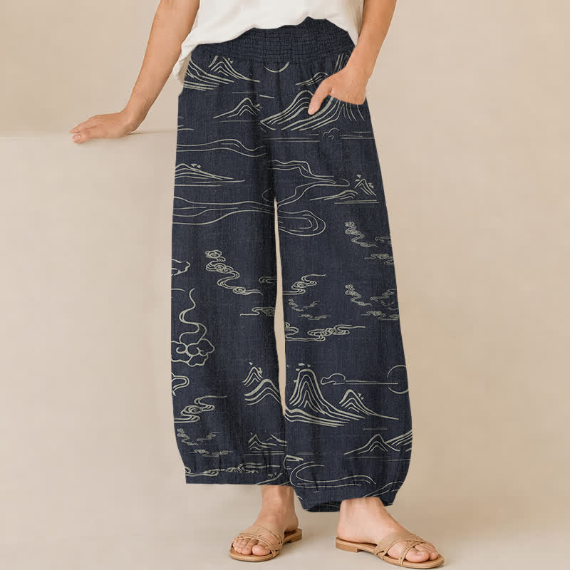 Buddha Stones Pantalon harem pour femme avec poches, motif nuages ​​de bonne augure et lune de Cotton Mountain - Noir - US16，UK/AU20，EU48 (3XL) - image 0