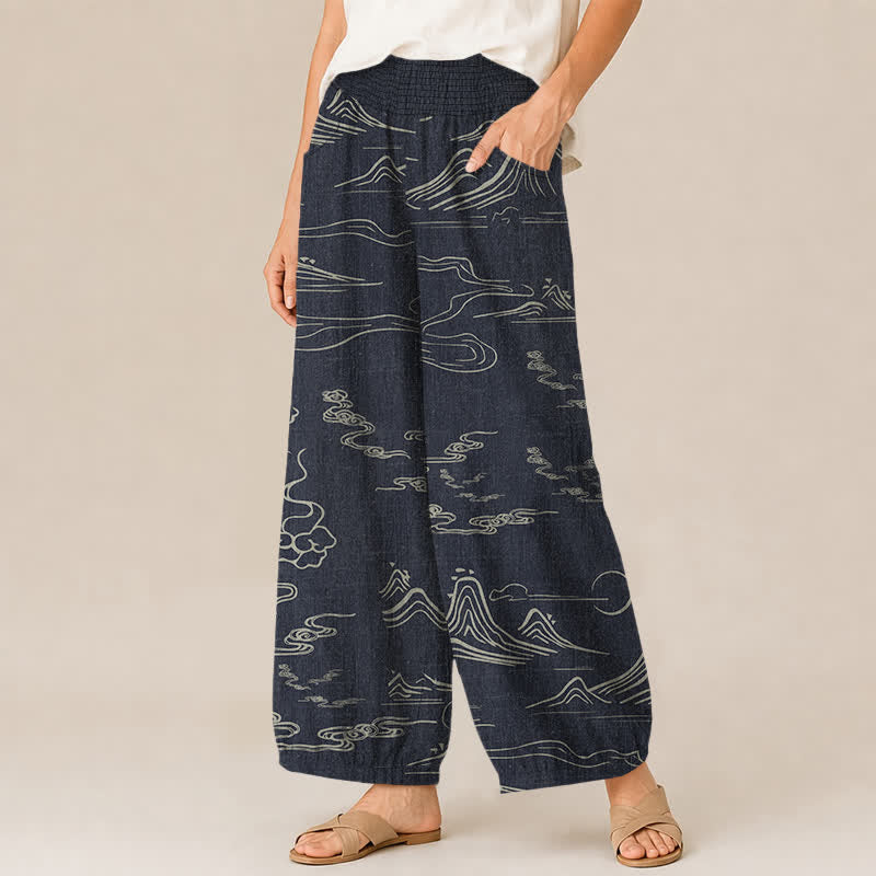 Buddha Stones Pantalon harem pour femme avec poches, motif nuages ​​de bonne augure et lune de Cotton Mountain - image 1