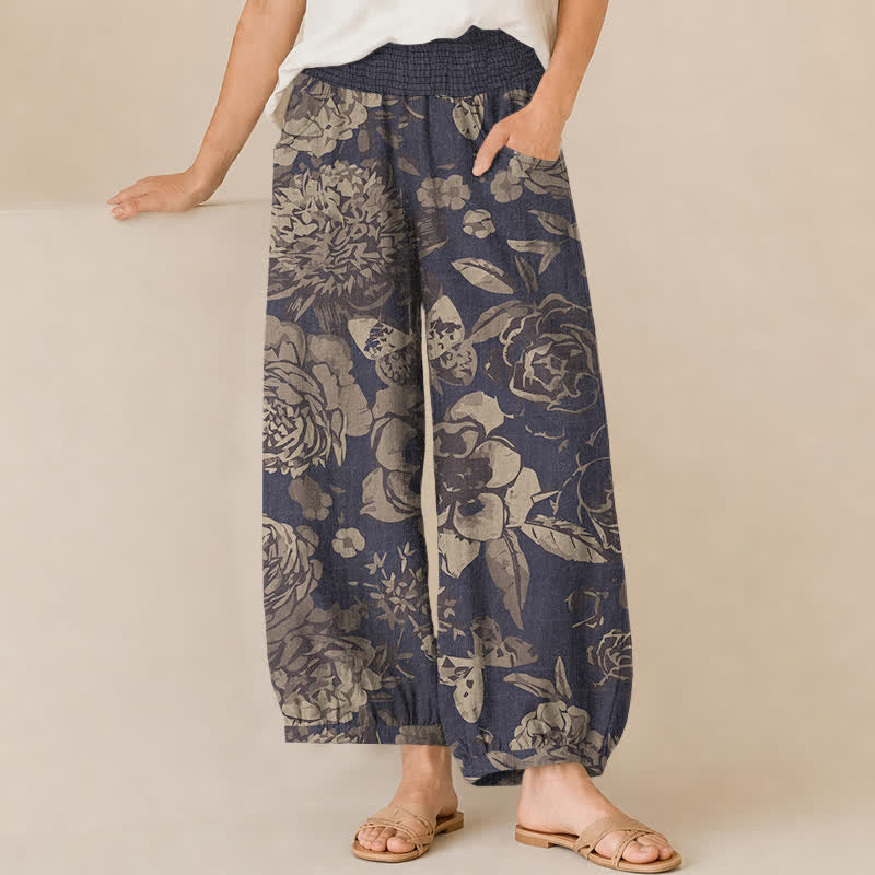 Buddha Stones Pantalon harem pour femme en coton vintage à motif de pivoines et de feuilles, plissé, taille élastique et poches - Bleu ardoise foncé - US16，UK/AU20，EU48 (3XL) - image 0