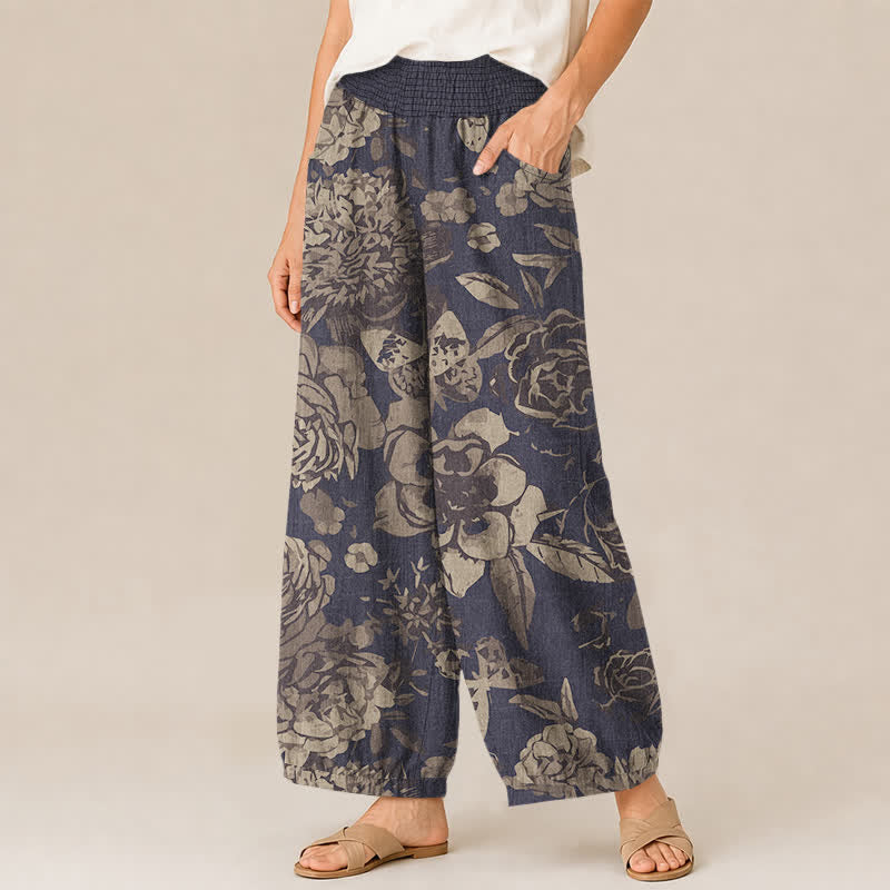 Buddha Stones Pantalon harem pour femme en coton vintage à motif de pivoines et de feuilles, plissé, taille élastique et poches - image 1
