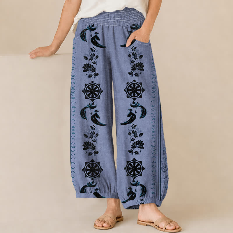 Buddha Stones Pantalon harem pour femme en coton, motif lotus OM, plissé, taille élastique et poches - Bleuet - US16，UK/AU20，EU48 (3XL) - image 0