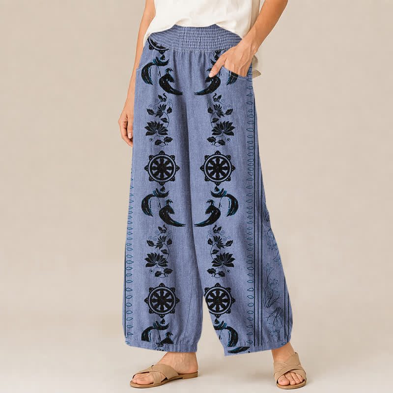 Buddha Stones Pantalon harem pour femme en coton, motif lotus OM, plissé, taille élastique et poches - image 1