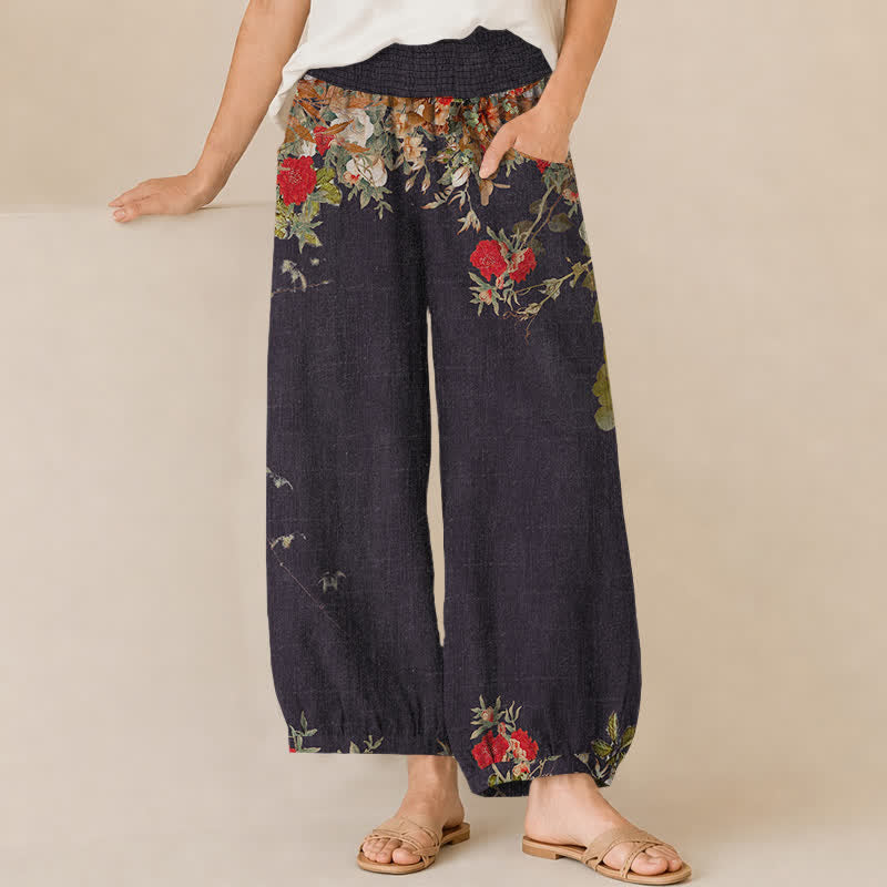 Buddha Stones Pantalon harem bohème rouge en coton à motif floral plissé et taille élastique avec poches - Noir - US16，UK/AU20，EU48 (3XL) - image 0