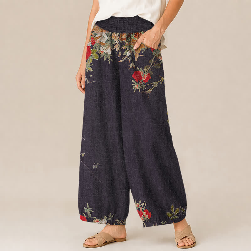 Buddha Stones Pantalon harem bohème rouge en coton à motif floral plissé et taille élastique avec poches - image 1
