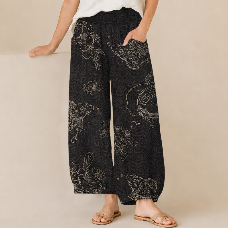 Buddha Stones Pantalon harem pour femme en coton vintage à motif floral et carpes koï, plissé, taille élastique et poches - Noir - US16，UK/AU20，EU48 (3XL) - image 0