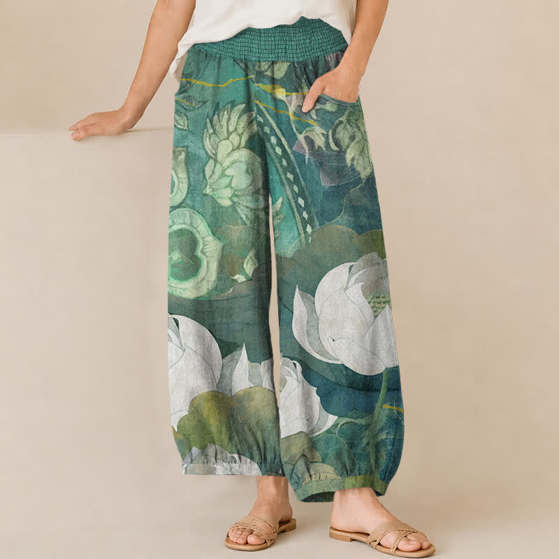 Buddha Stones Pantalon harem pour femme en coton blanc à motif de lotus fleuri, plissé, taille élastique et poches - Vert mer moyen - US16，UK/AU20，EU48 (3XL) - image 0
