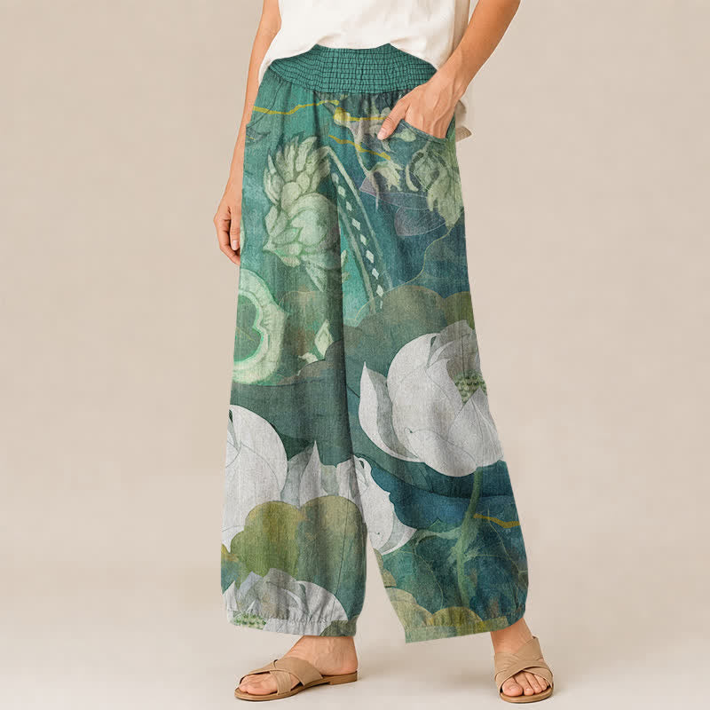 Buddha Stones Pantalon harem pour femme en coton blanc à motif de lotus fleuri, plissé, taille élastique et poches - image 1