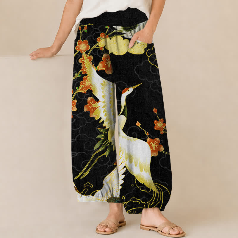 Buddha Stones Pantalon harem pour femme en coton à motif de fleurs de grue orientales, plissé, taille élastique et poches - Noir - US16，UK/AU20，EU48 (3XL) - image 0