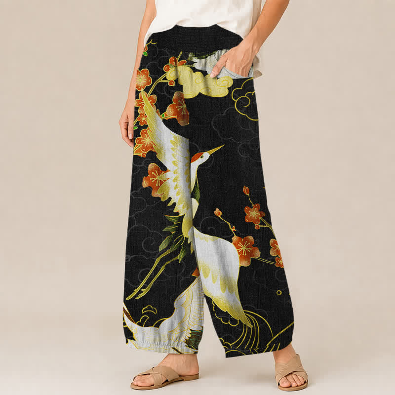 Buddha Stones Pantalon harem pour femme en coton à motif de fleurs de grue orientales, plissé, taille élastique et poches - image 1