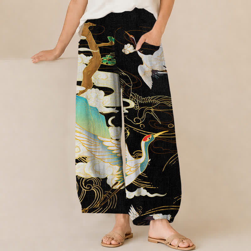 Buddha Stones Pantalon harem pour femme en coton, à motif de grues et nuages ​​orientaux, plissé, taille élastique et poches - Noir - US16，UK/AU20，EU48 (3XL) - image 0