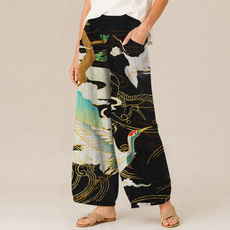 Buddha Stones Pantalon harem pour femme en coton, à motif de grues et nuages ​​orientaux, plissé, taille élastique et poches - image 1