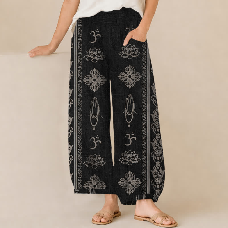 Buddha Stones Pantalon harem pour femme en coton, motif lotus double dorje vajra namaste om, plissé, taille élastique et poches - Noir - US16，UK/AU20，EU48 (3XL) - image 0