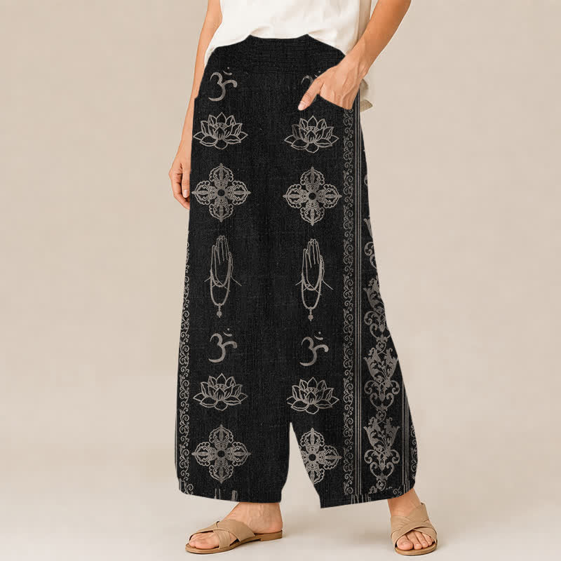 Buddha Stones Pantalon harem pour femme en coton, motif lotus double dorje vajra namaste om, plissé, taille élastique et poches - image 1