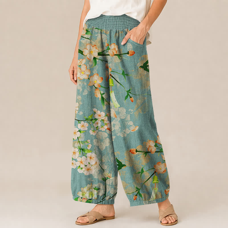 Buddha Stones Pantalon harem pour femme en coton à motif de fleurs de sakura, plissé, taille élastique et poches - image 1