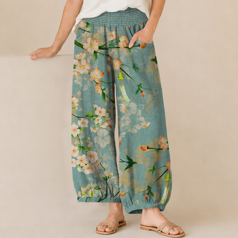 Buddha Stones Pantalon harem pour femme en coton à motif de fleurs de sakura, plissé, taille élastique et poches - CadetBlue - US16，UK/AU20，EU48 (3XL) - image 0