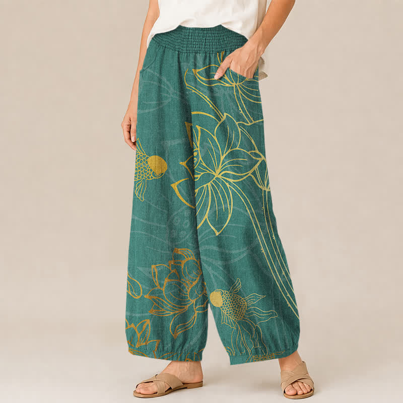 Buddha Stones Pantalon harem pour femme en coton à motif de carpes koï et lotus doré, plissé, taille élastique et poches - image 1