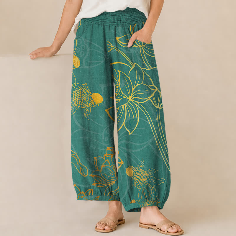 Buddha Stones Pantalon harem pour femme en coton à motif de carpes koï et lotus doré, plissé, taille élastique et poches - Sarcelle - US16，UK/AU20，EU48 (3XL) - image 0