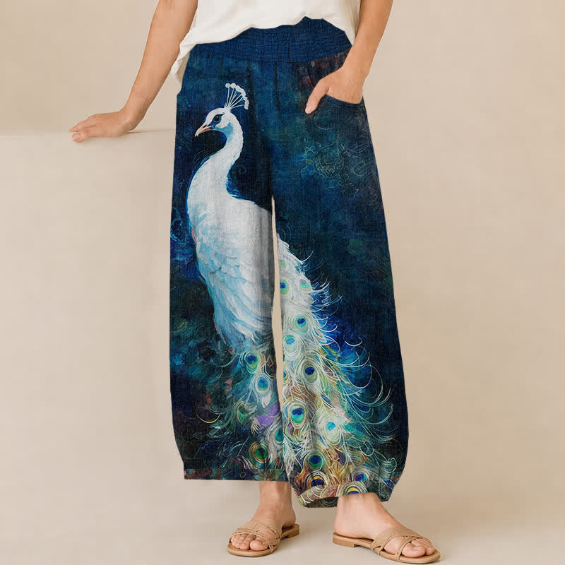 Buddha Stones Pantalon harem pour femme en coton blanc à motif plumes de paon, plissé, taille élastique et poches - Marine - US16，UK/AU20，EU48 (3XL) - image 0