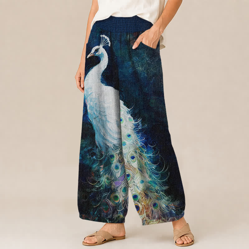 Buddha Stones Pantalon harem pour femme en coton blanc à motif plumes de paon, plissé, taille élastique et poches - image 1